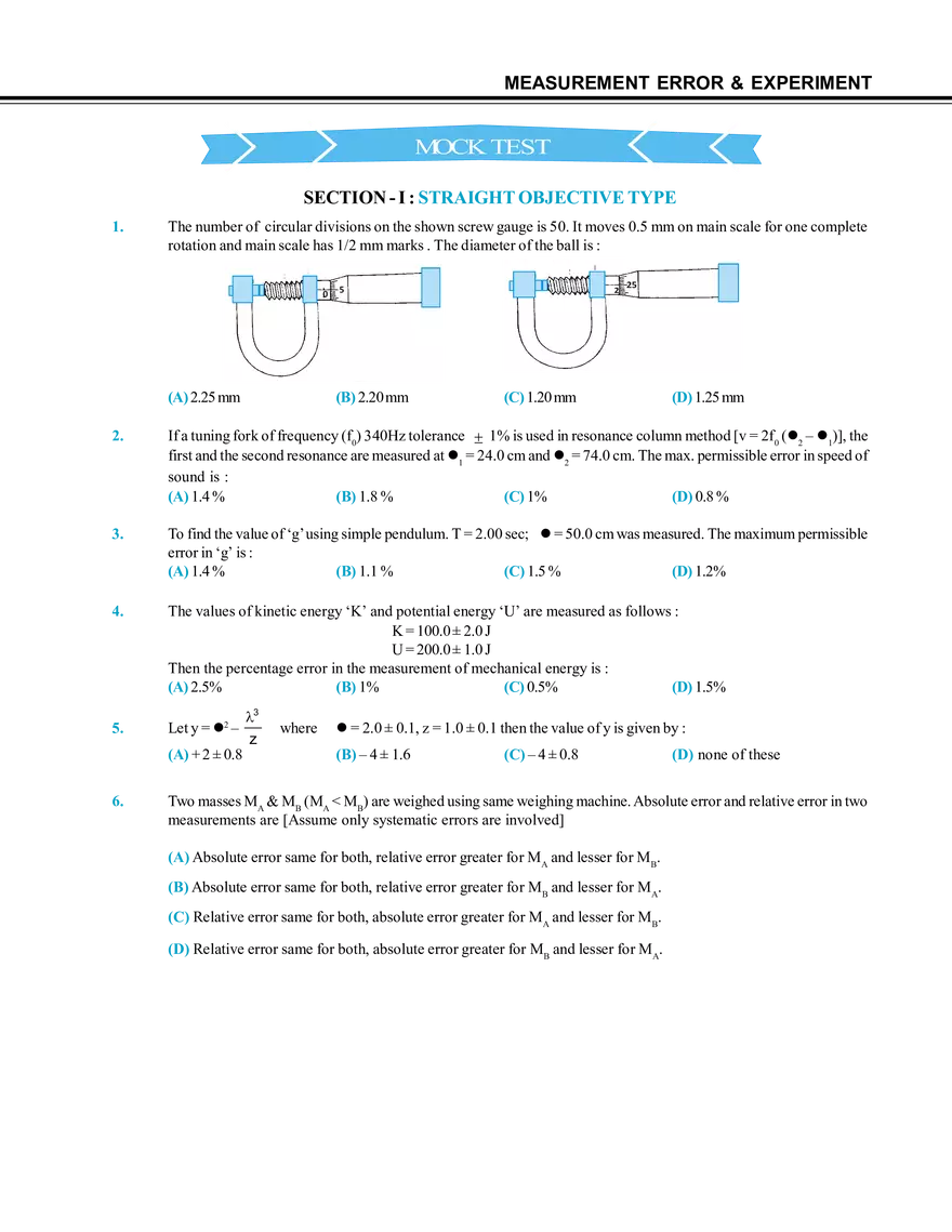 Measurement Error & Experiment Mock Test - Page 1
