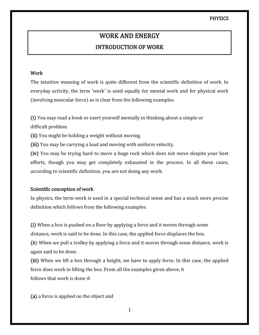 Work and Energy Introduction of Work - Page 1