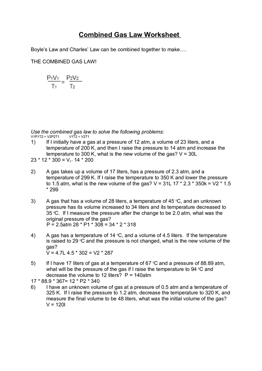 Combined Gas Law Worksheet - Page 1