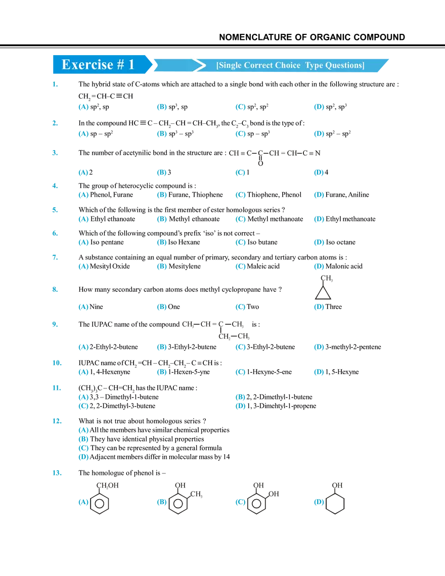 Nomenclature of Organic Compound Exercise # 1 - Page 1