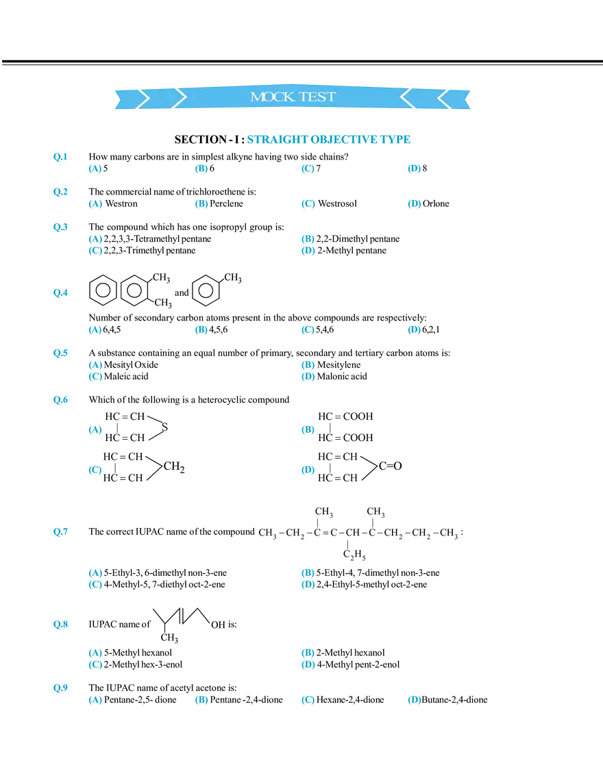 Nomenclature of Organic Compound Mock Test - Page 1