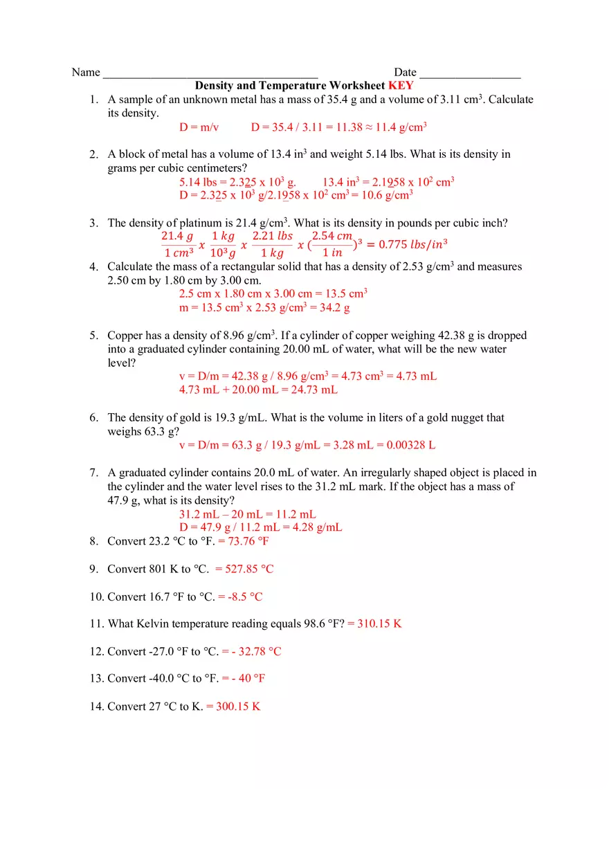 Density and Temperature Wokrsheet Key - Page 1