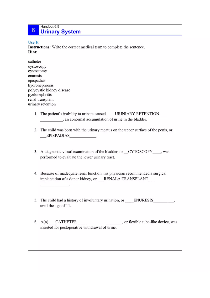6.9 Urinary System Answers - Page 1