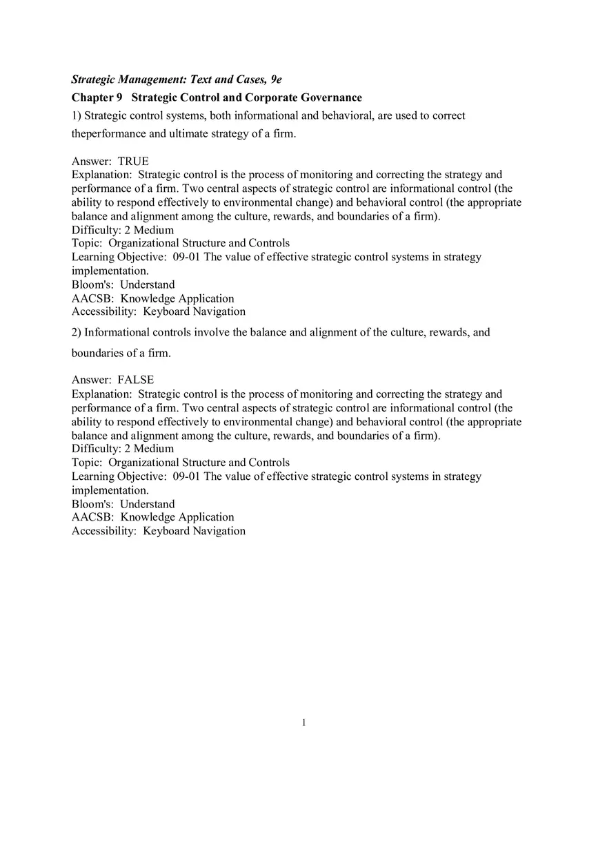 Chapter 9  Strategic Control and Corporate Governance True False - Page 1