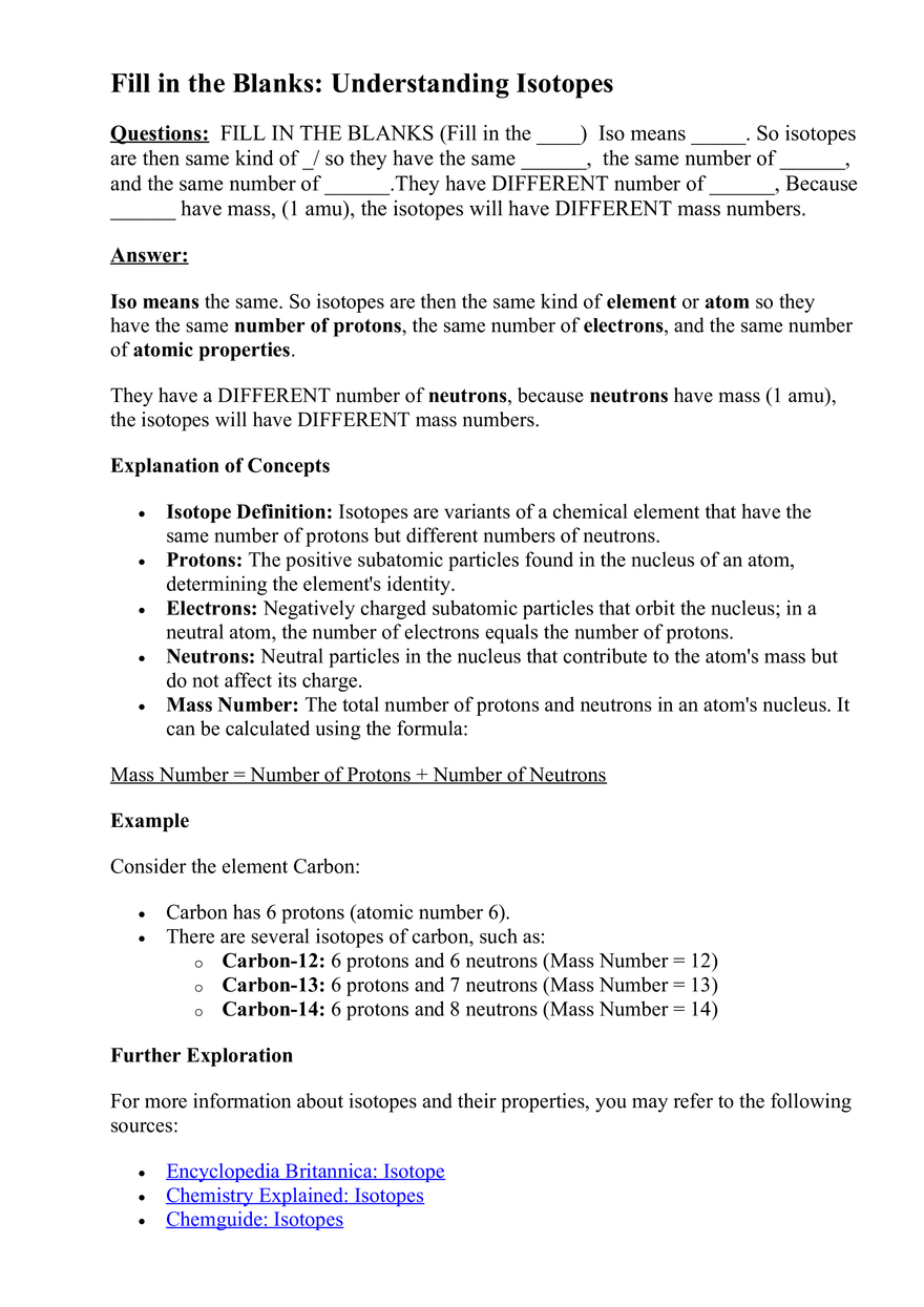 Fill in the Blanks: Understanding Isotopes - Page 1