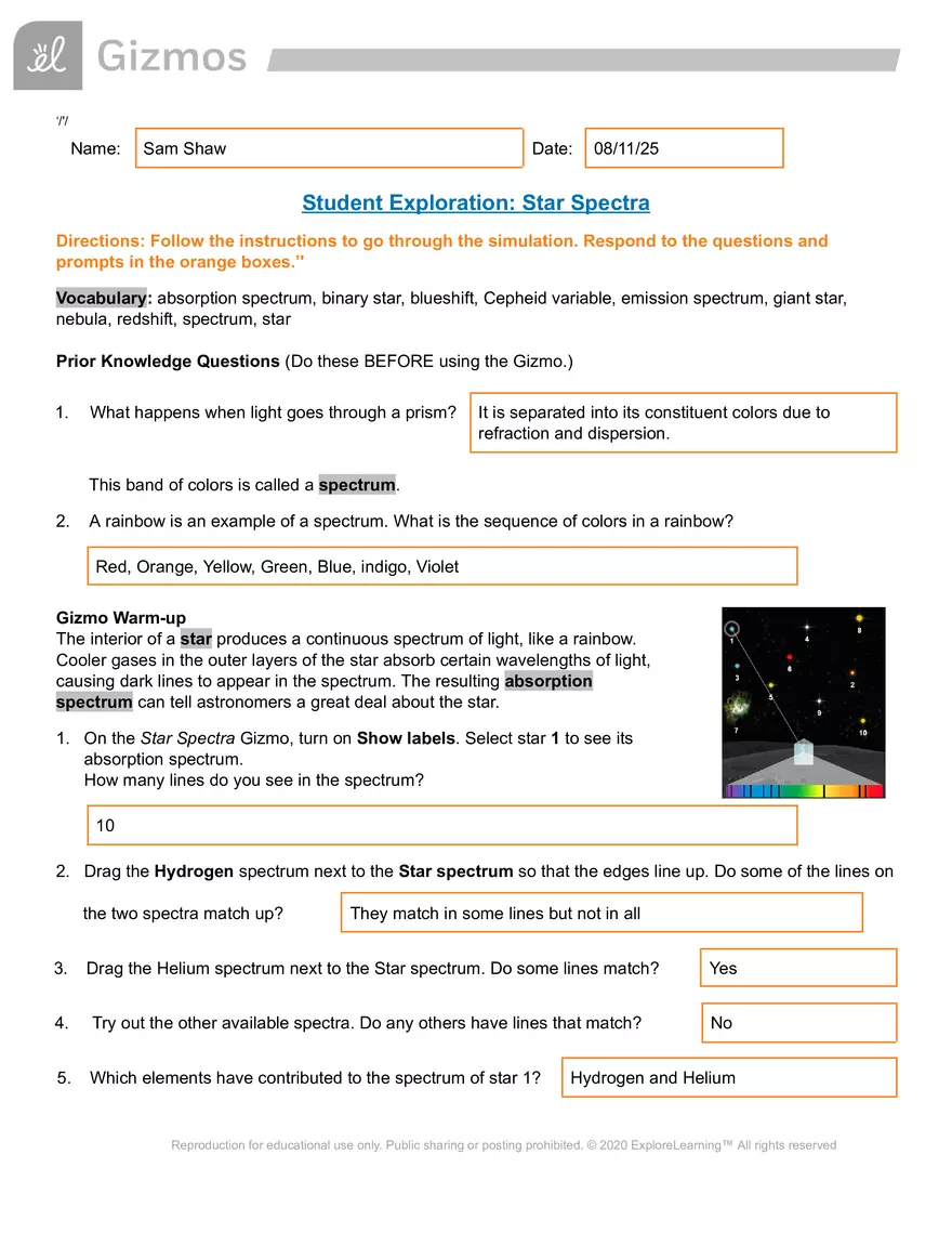 Student Exploration: Star Spectra - Page 1
