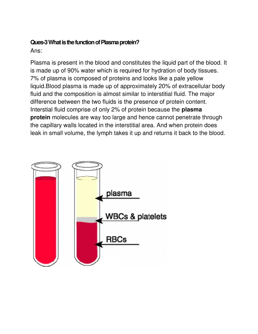Ques 3 What is the Function of Plasma Protein - Page 1