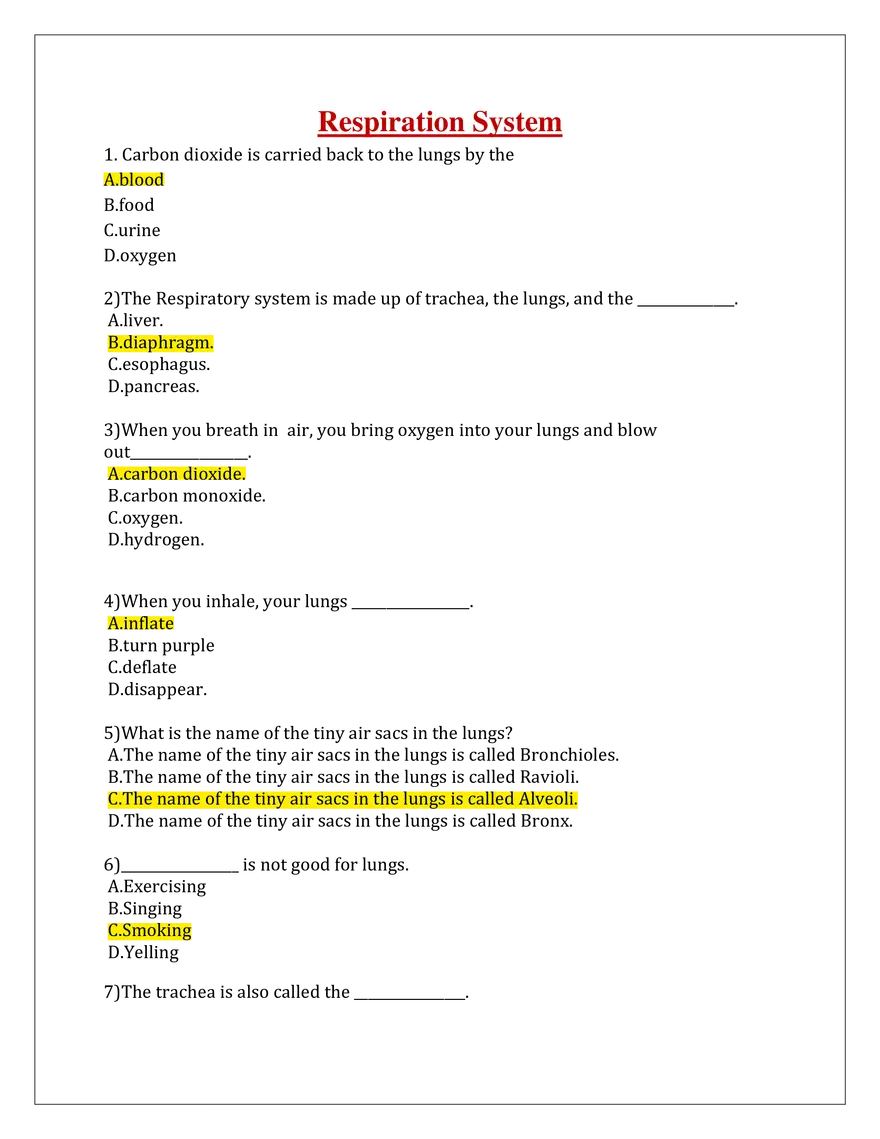 Respiration System Answers - Page 1