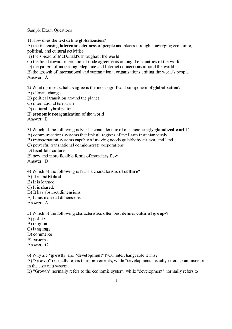 Geography Sample Exam Questions - Page 1