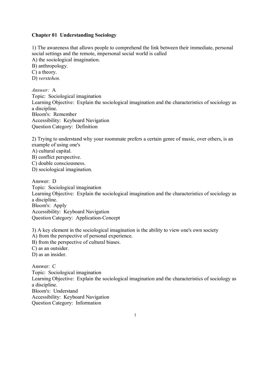 Chapter 01 Understanding Sociology Answers 1 - Page 1