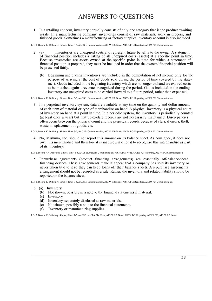 Ch. 8 Valuation of Inventories  A Cost - Basis Approach Answers to Questions - Page 1