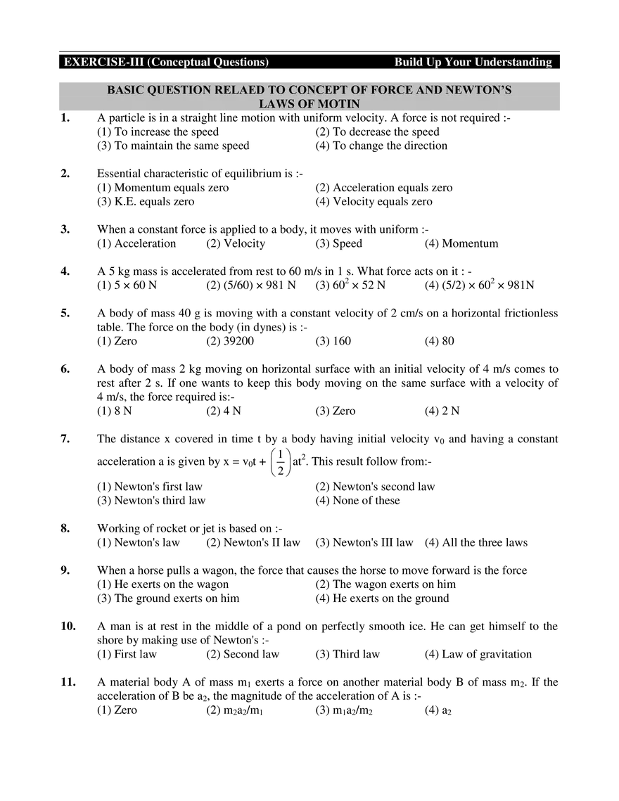 Basic Question Relaed to Concept of Force and Newton’s Laws of Motin - Page 1