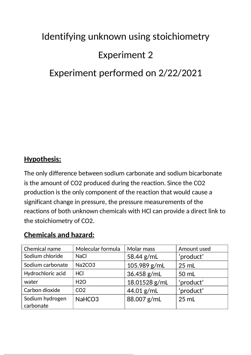 Identifying Unknown Using Stoichiometry Lab - Page 1