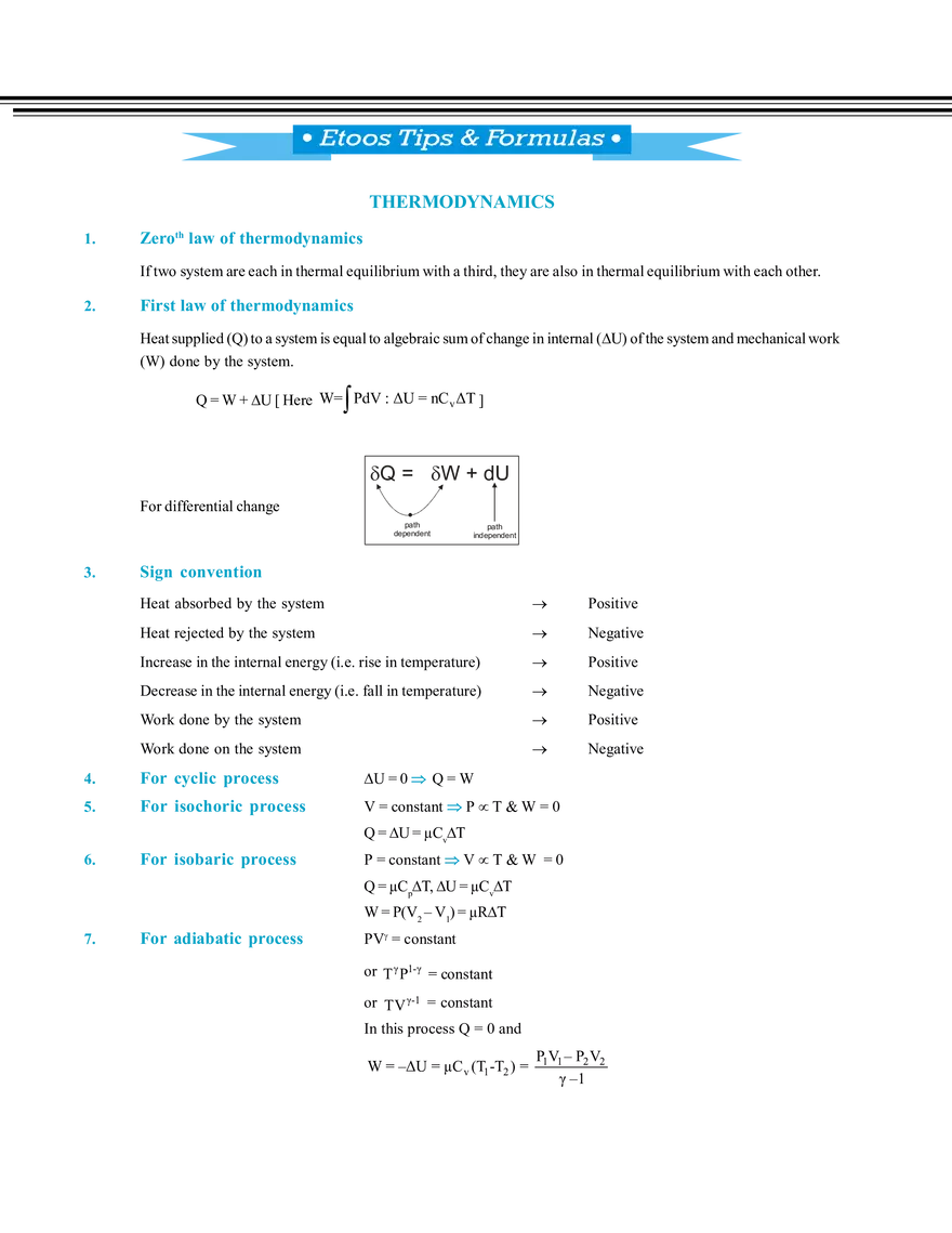 Etoos Tips and Formulas Thermodynamics - Page 1