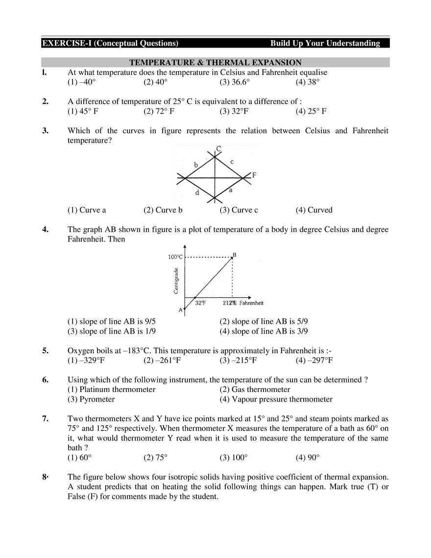 Temperature & Thermal Expansion Exercise-I - Page 1