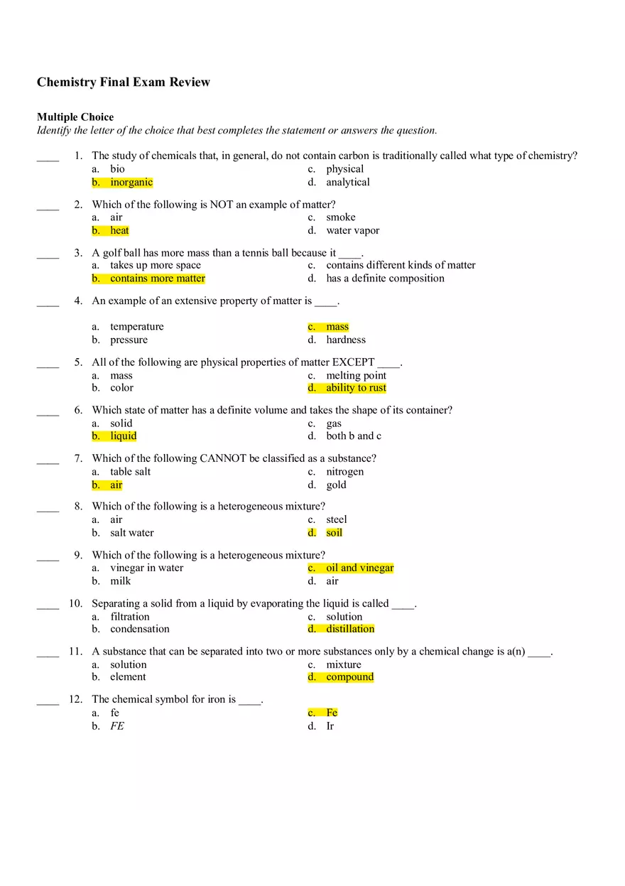 Chemistry Final Exam Review Key - Page 1