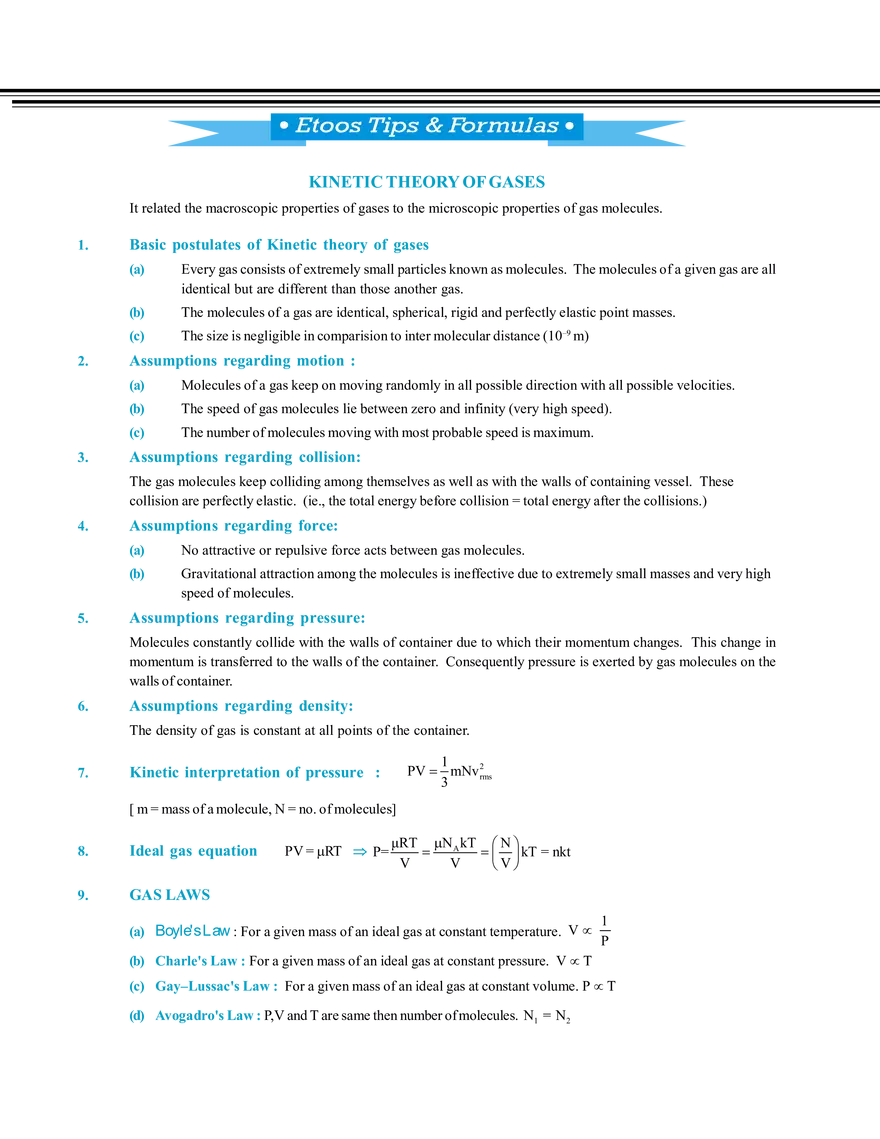 Etoos Tips and Formulas Kinetic Theory of Gases - Page 1