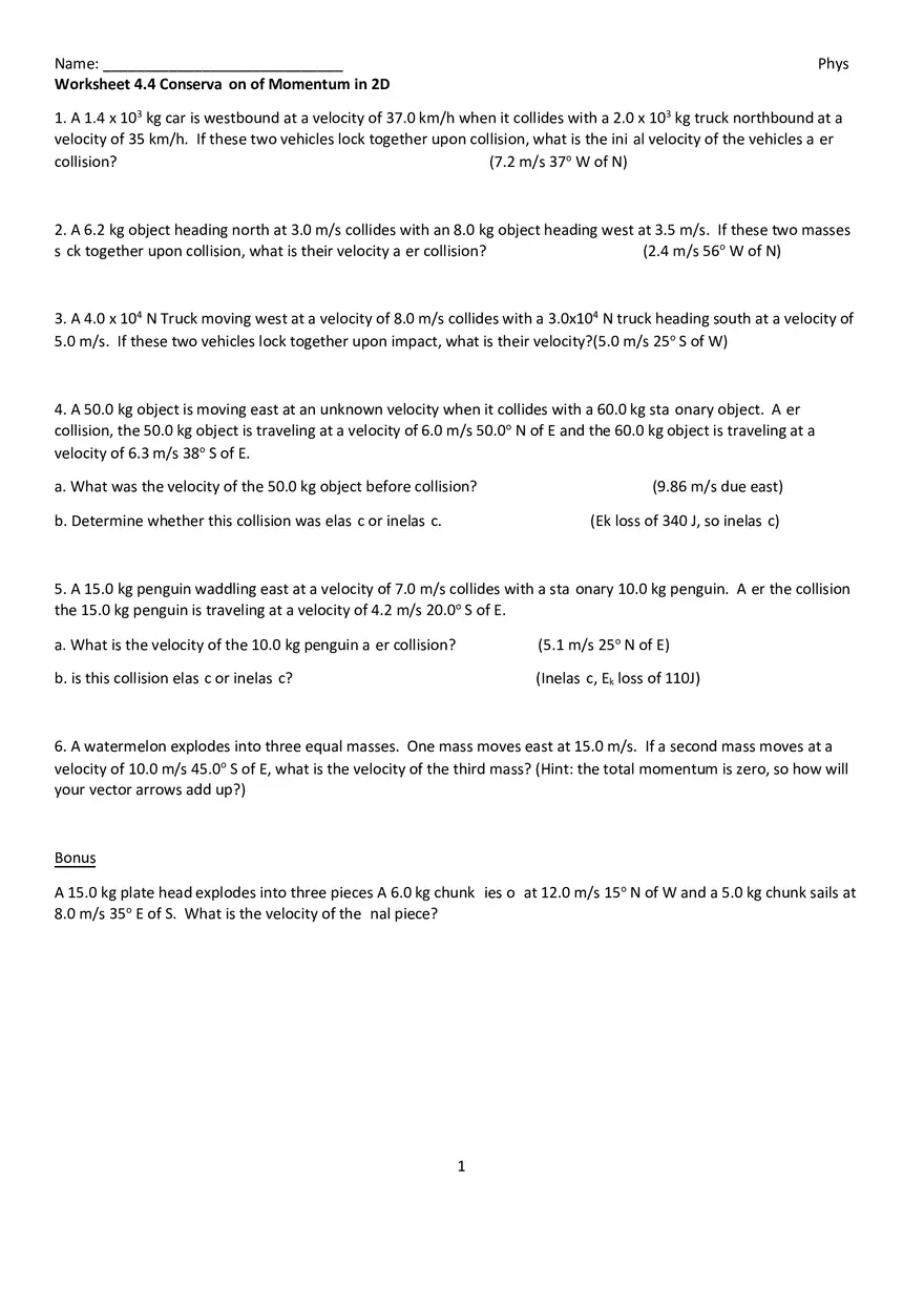 Worksheet 4.4 Conservation of Momentum in 2D - Page 1
