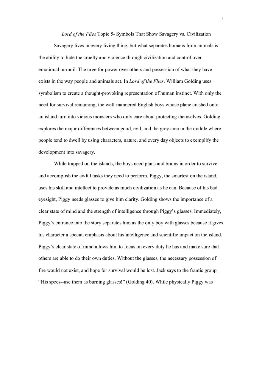 Lord of the Flies Topic 5- Symbols That Show Savagery vs. Civilization - Page 1