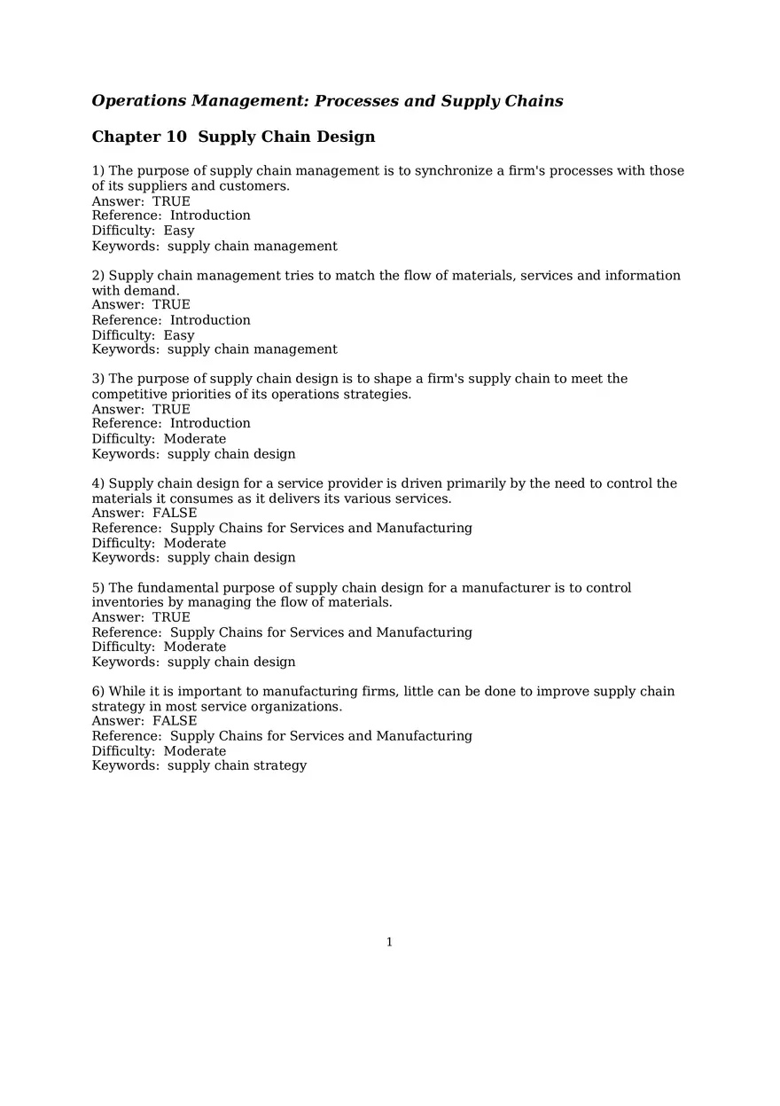 Chapter 10 Supply Chain Design True False - Page 1