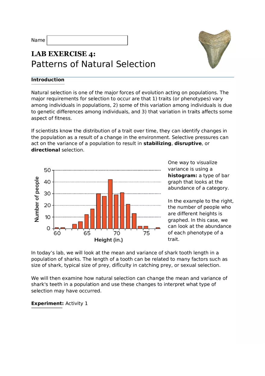 Lab Exercise 4 Patterns of Natural Selection - Page 1