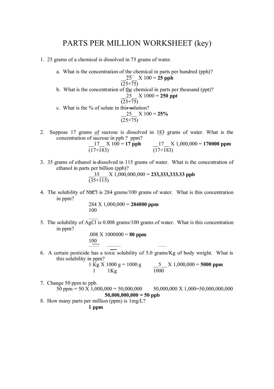 Parts Per Million Worksheet (Key) - Page 1