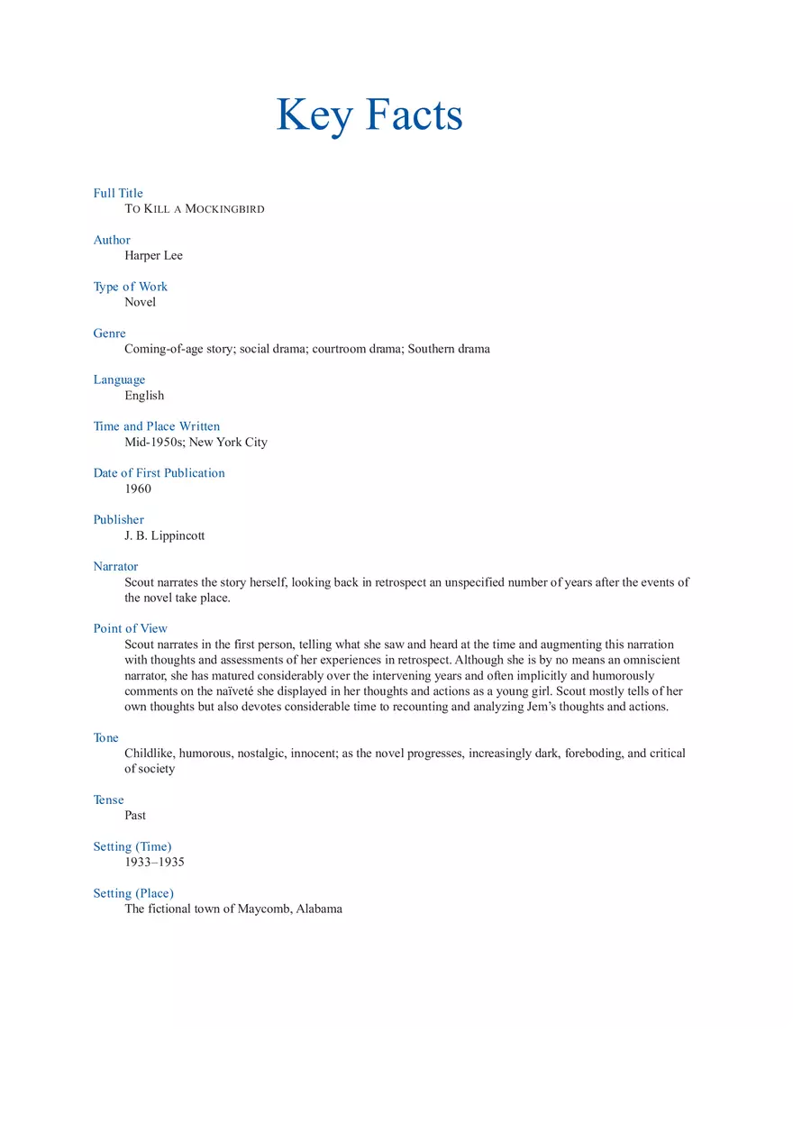 To Kill a Mockingbird Key Facts - Page 1