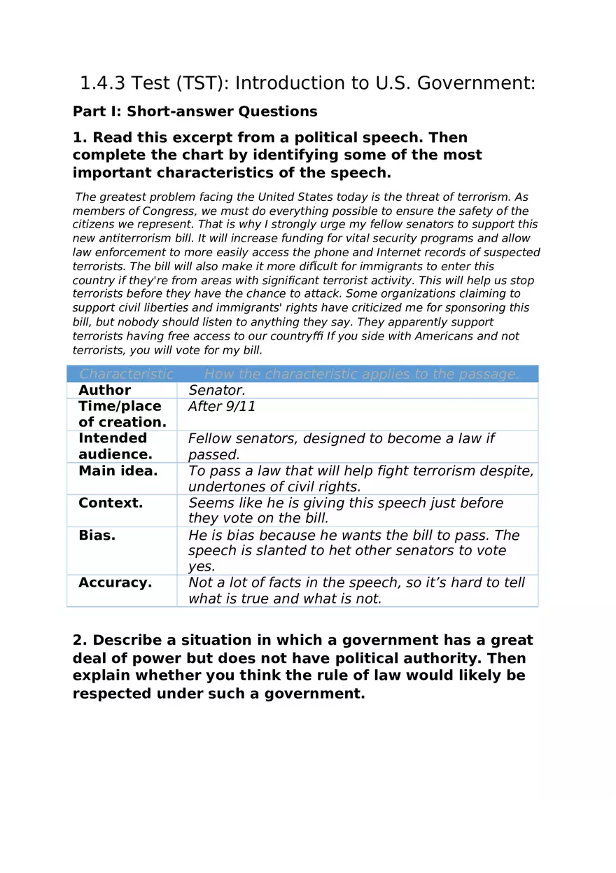 Introduction to U.S. Government Part I Short Answer Questions - Page 1