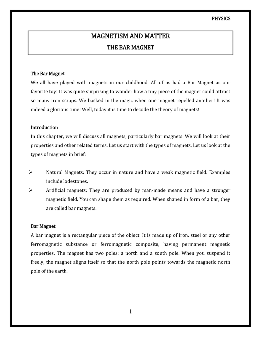 Magnetism and Matter. The Bar Magnet - Page 1