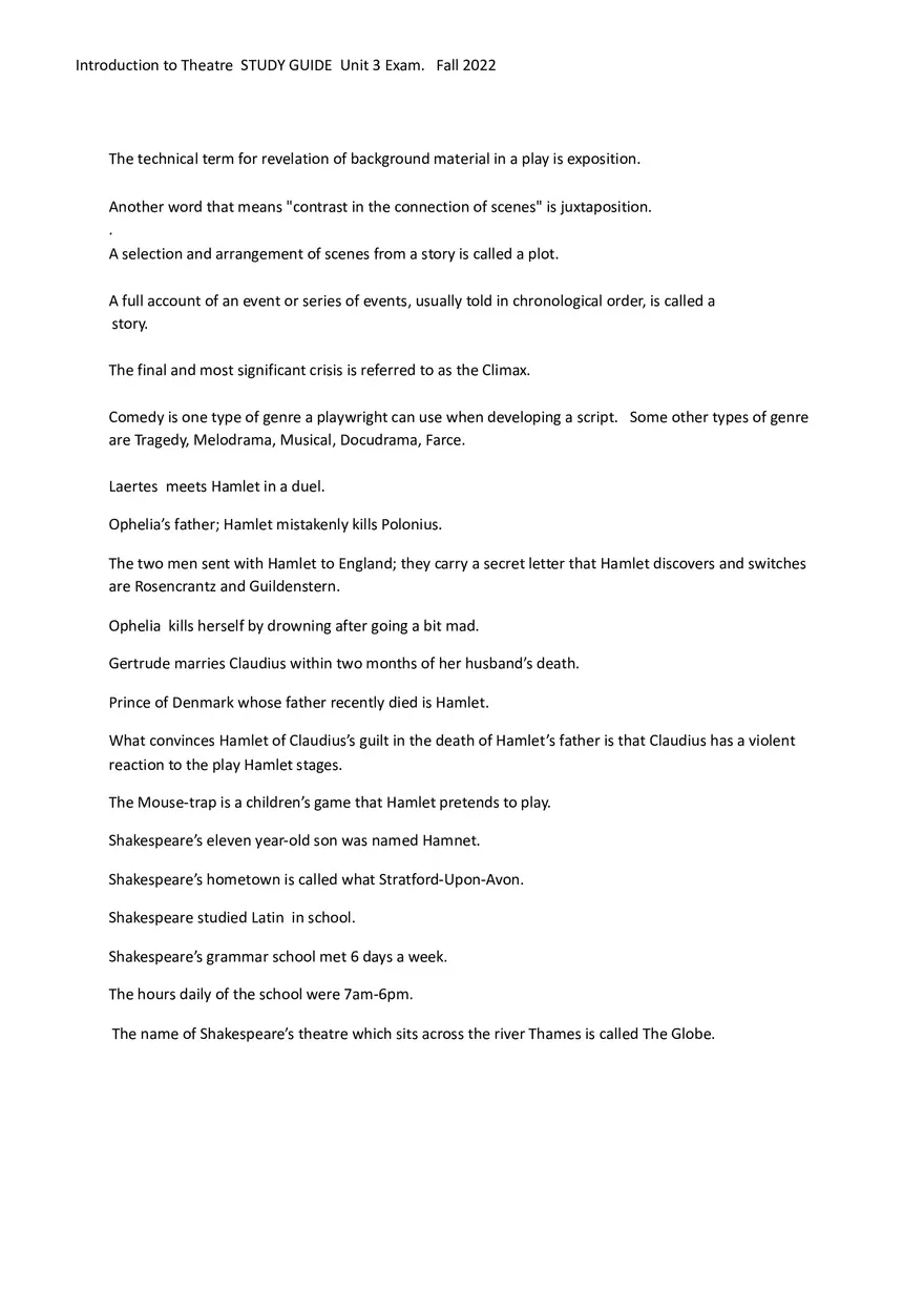 Introduction to Theatre Study Guide Unit 3 Exam - Page 1