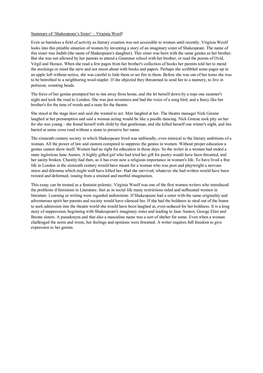 Summary of ‘Shakespeare’s Sister’ – Virginia Woolf - Page 1