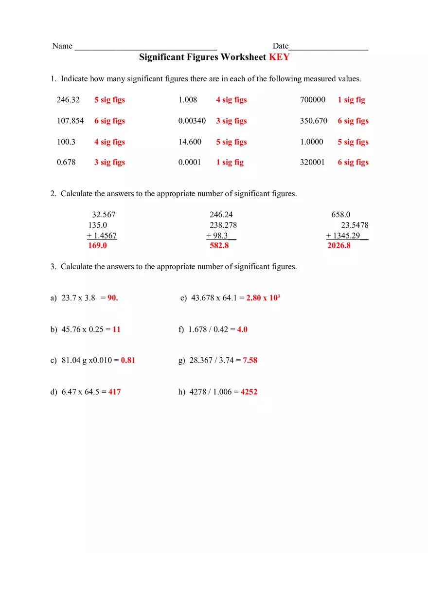 Significant Figures Worksheet Key - Page 1