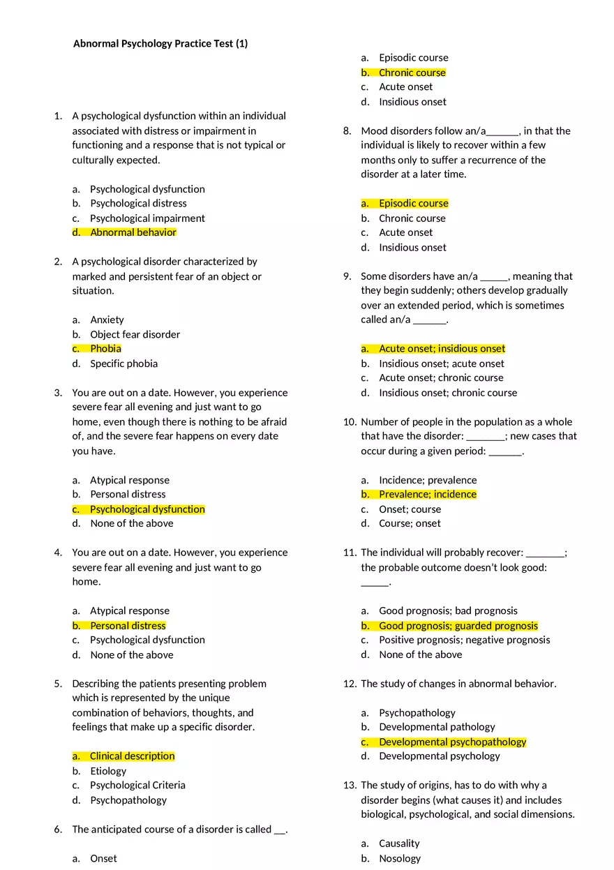 Abnormal Psychology Practice Test - Page 1