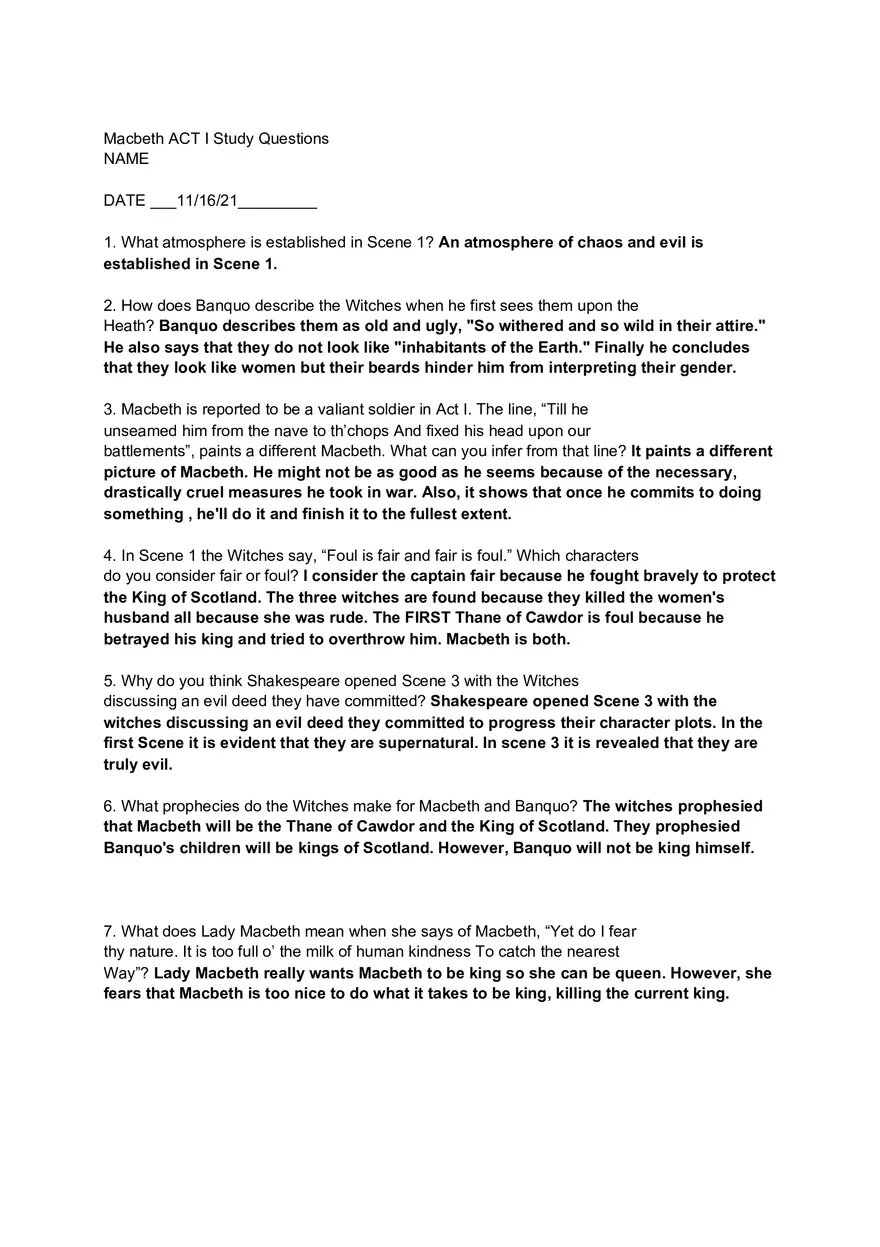 Macbeth Act I Study Questions - Page 1