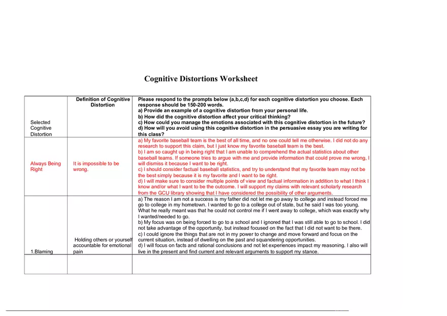Cognitive Distortions Worksheet - Page 1
