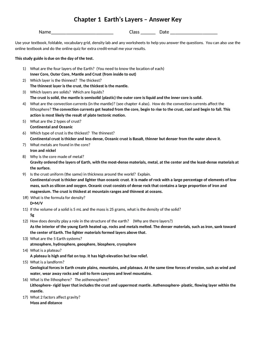 Chapter 1 Earth’s Layers – Answer Key - Page 1