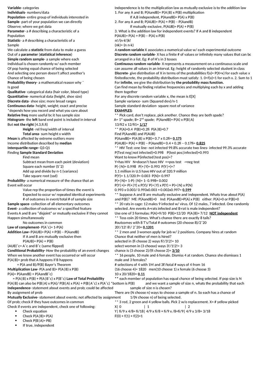 Statistics Exam 1 Cheat Sheet - Page 1