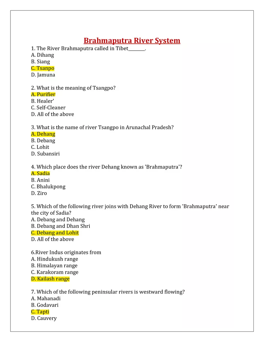 Brahmaputra River System Quiz - Page 1