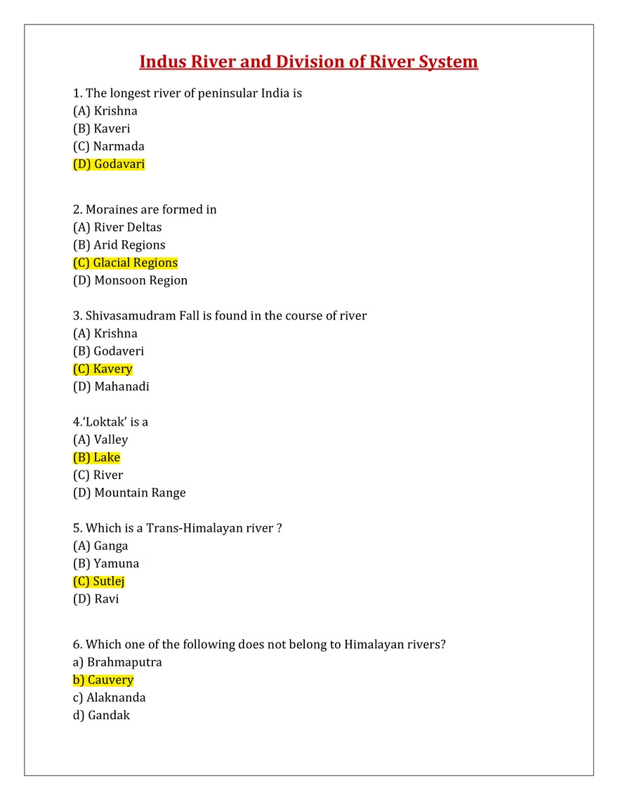 Indus River and Division of River System Quiz - Page 1