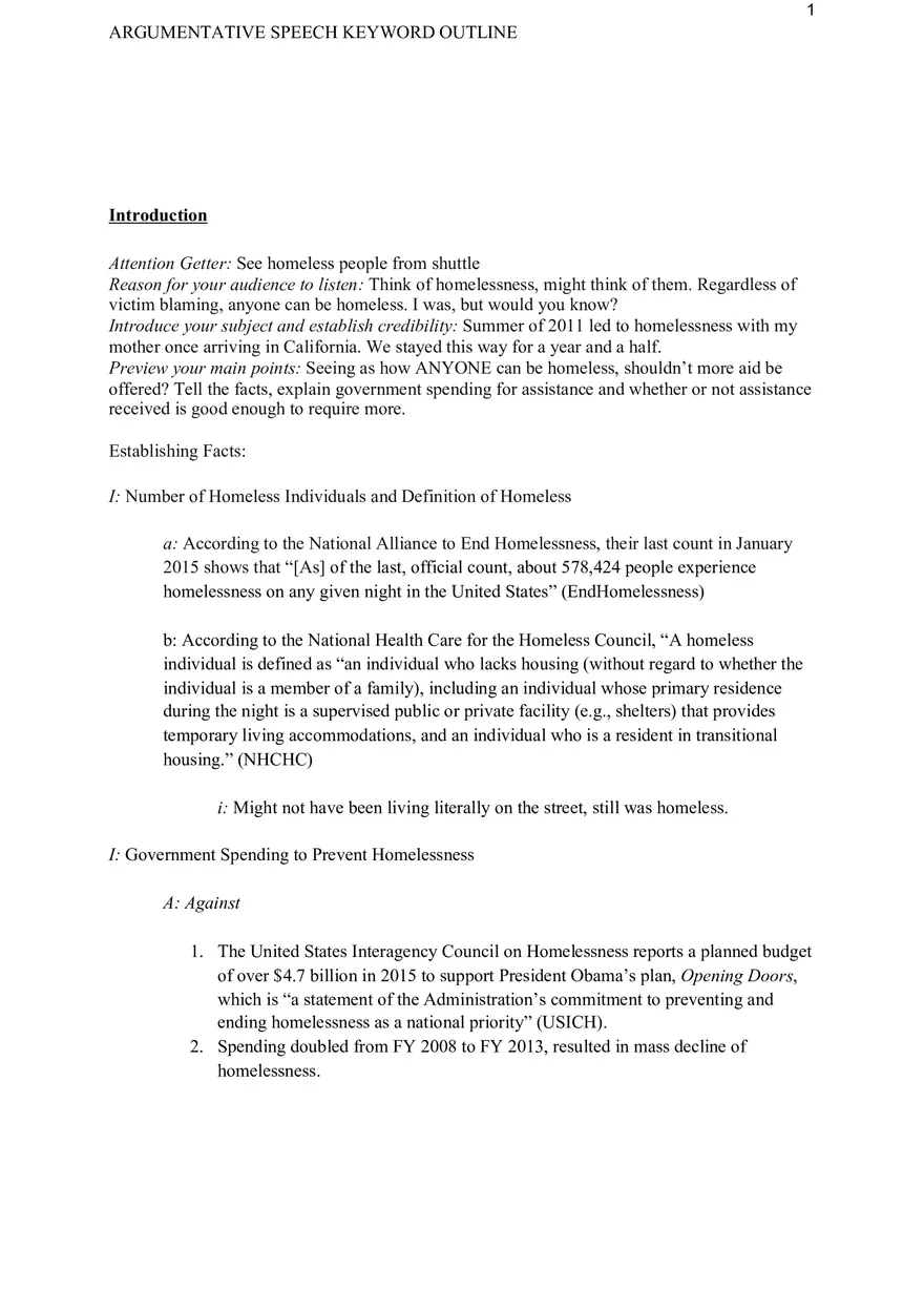 Argumentative Speech Keyword Outline - Page 1