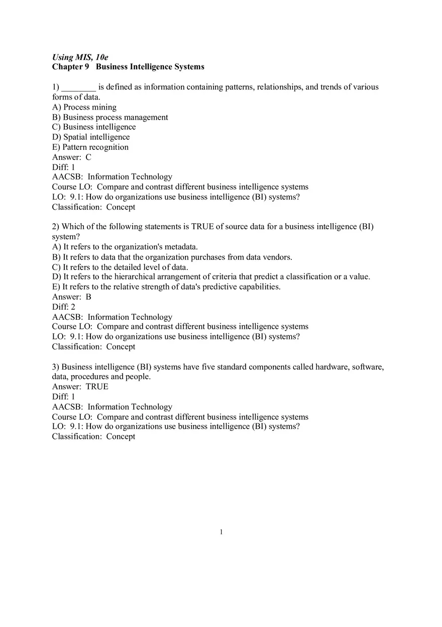 Chapter 9  Business Intelligence Systems Answers 1 - Page 1