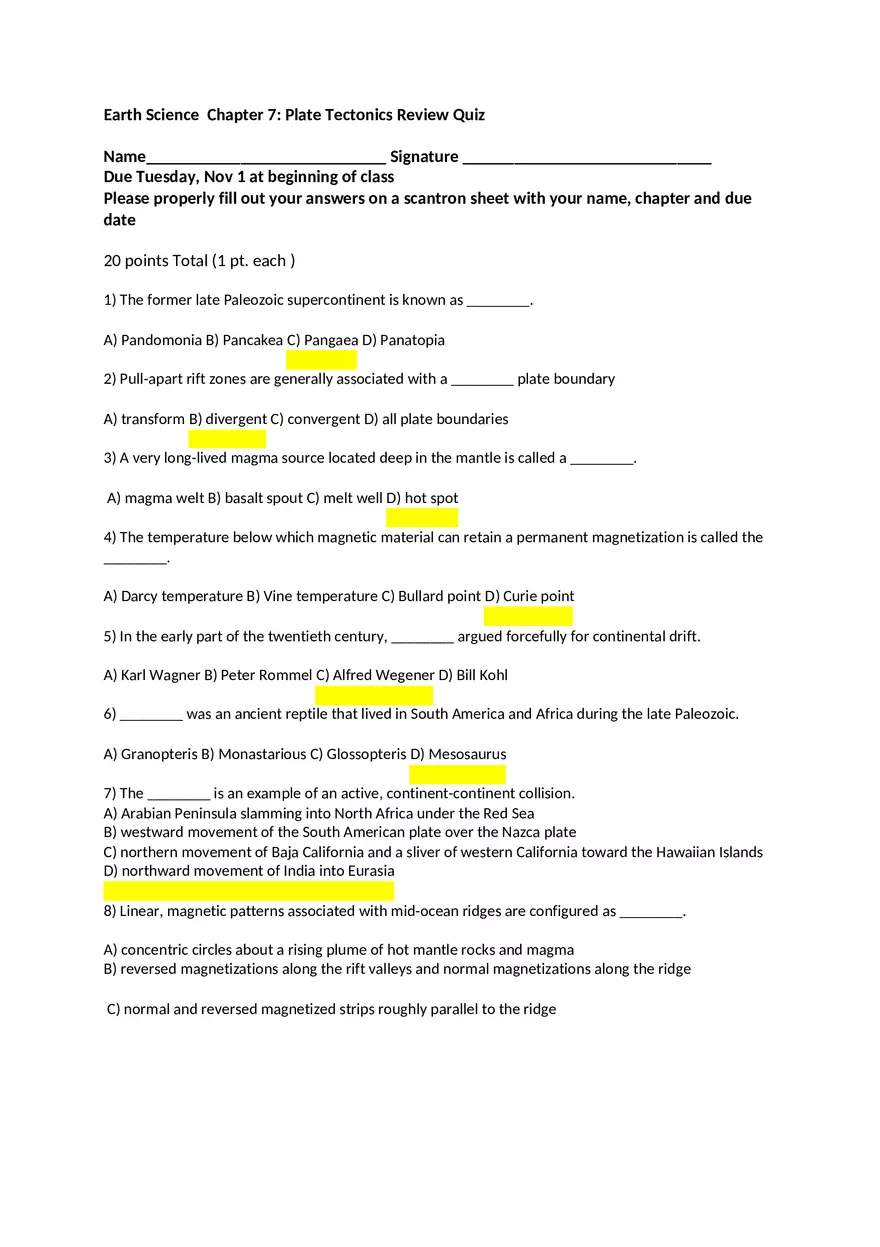 Chapter 7 Plate Tectonics Review Quiz - Page 1