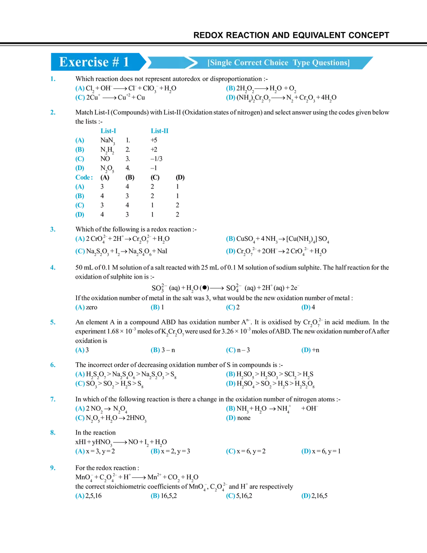 Redox Reaction and Equivalent Concept Exercise # 1 - Page 1