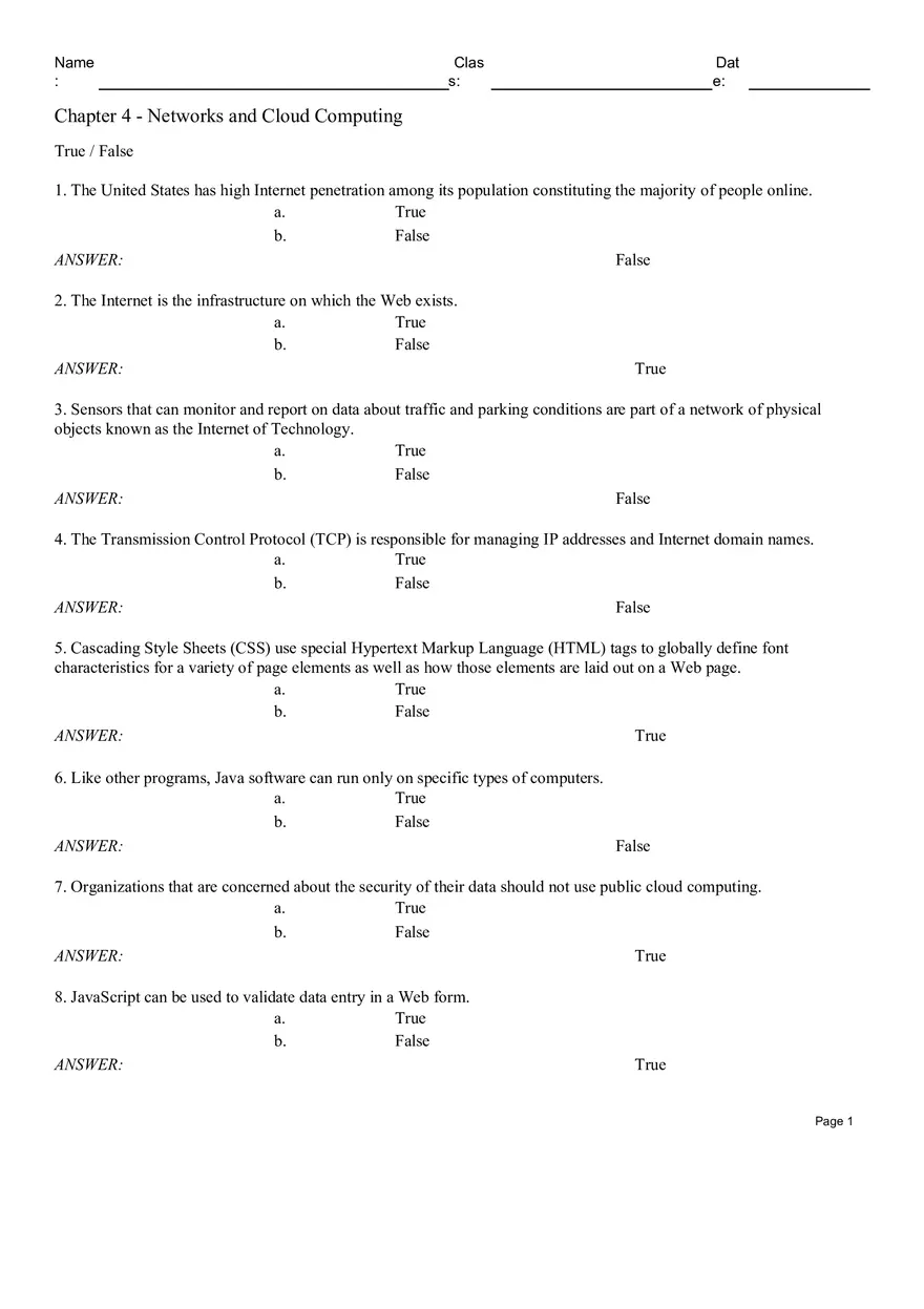 Chapter 4 - Networks and Cloud Computing True False - Page 1