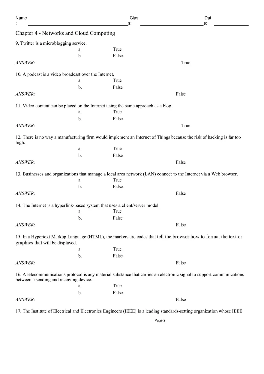 Chapter 4 - Networks and Cloud Computing True False - Page 2