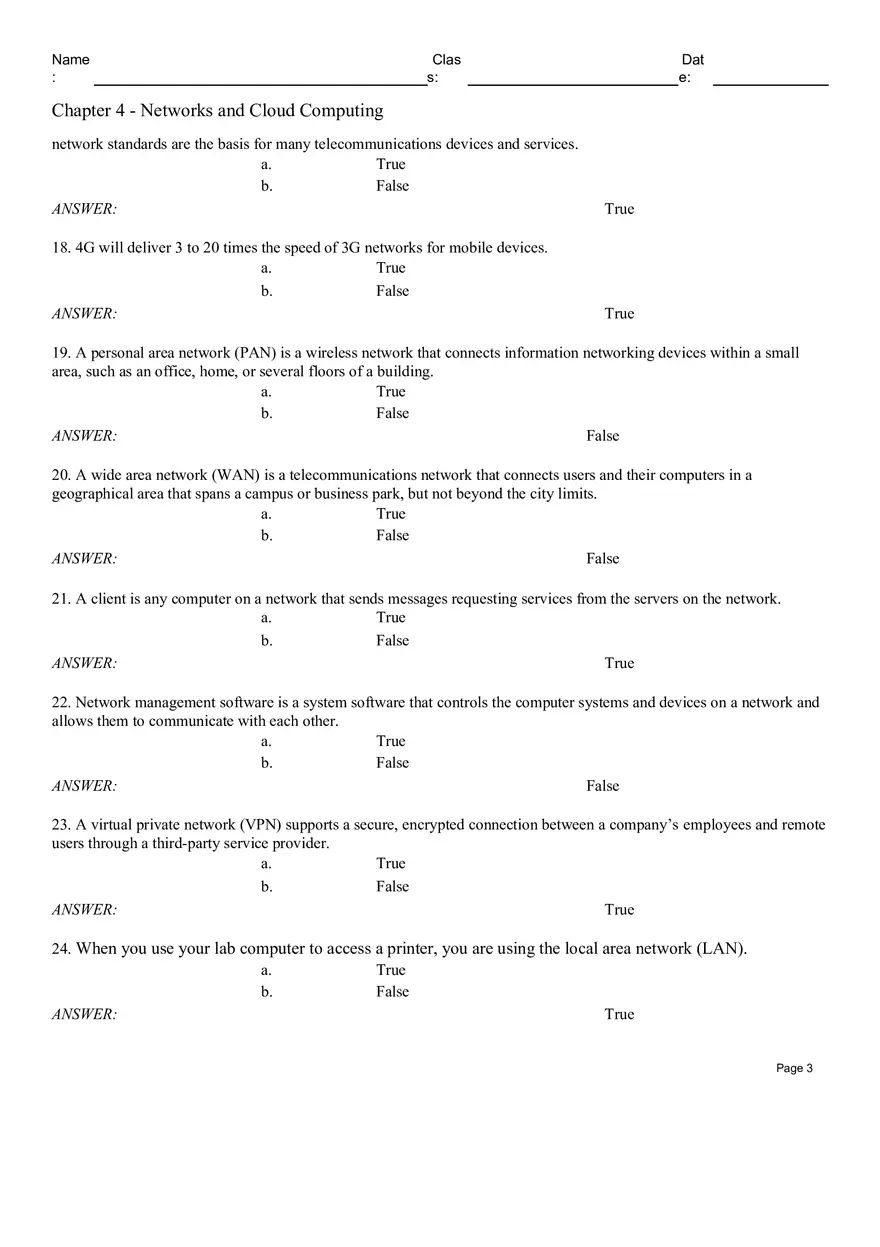 Chapter 4 - Networks and Cloud Computing True False - Page 3