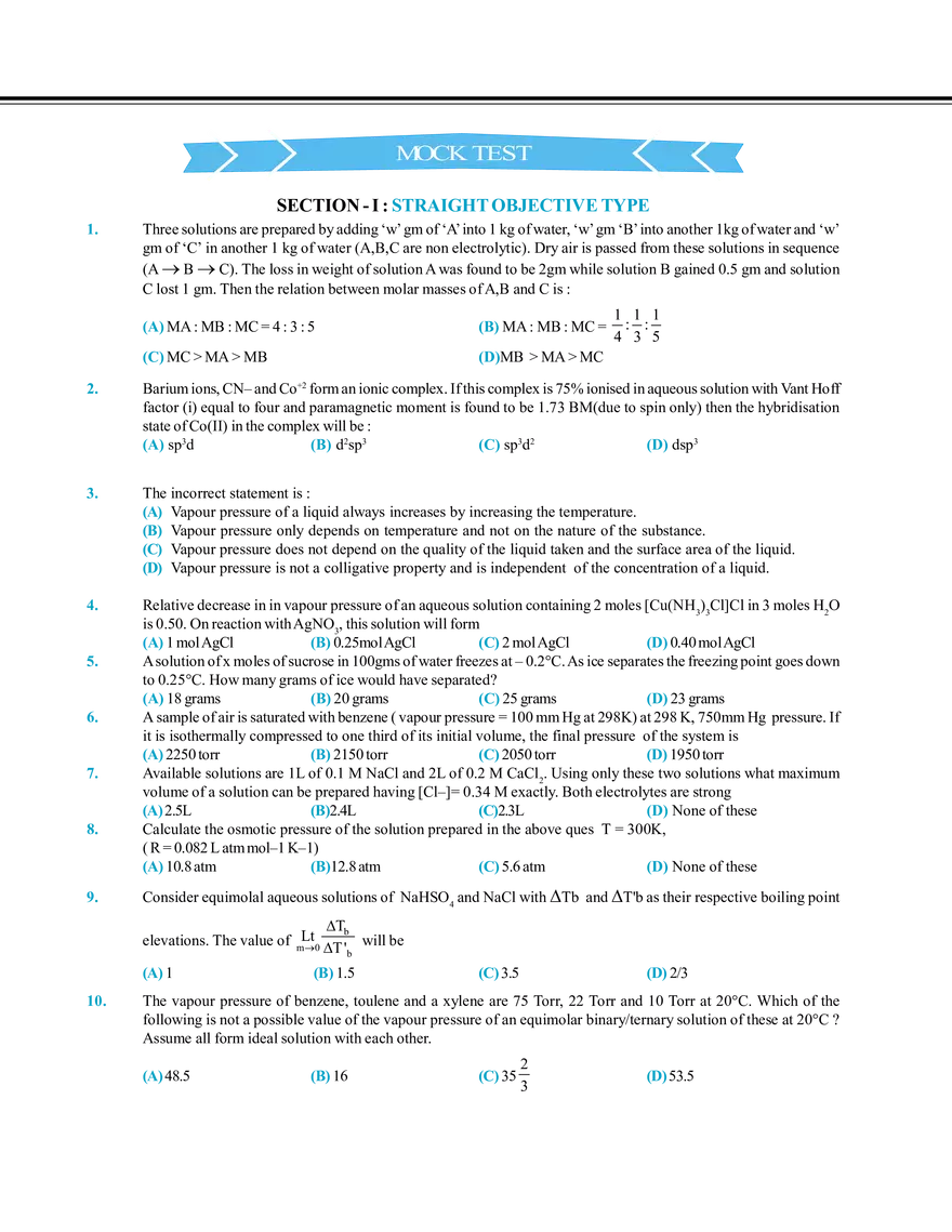 Solution and Colligative Properties Mock Test - Page 1