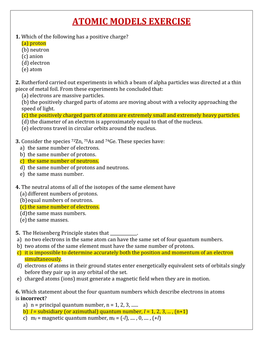 Atomic Models Exercise - Page 1