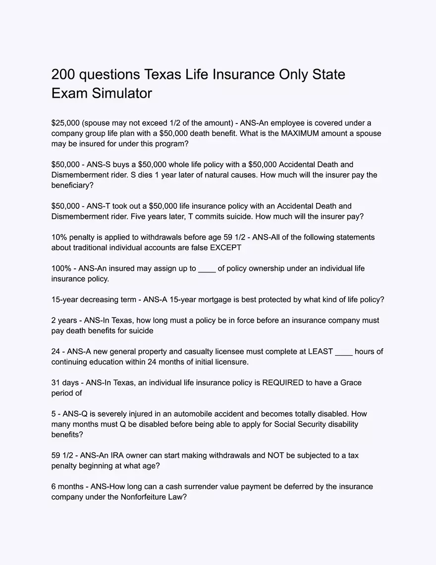 200 Questions Texas Life Insurance Only State Exam Simulator - Page 1