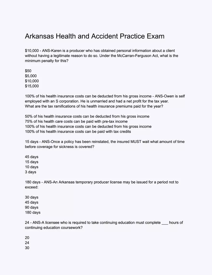 Arkansas Health and Accident Practice Exam - Page 1